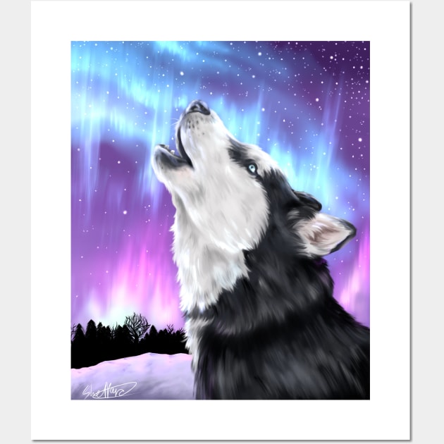 Howling Husky | Northern Lights Aurora Wall Art by Shirin Illustration